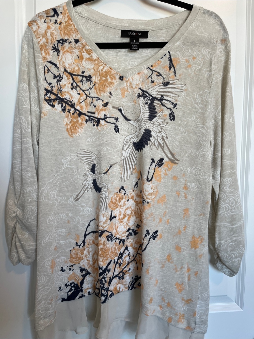 Style & Co. Beige Floral & Crane V-Neck Tunic with Navy Accents - Picture 1 of 9